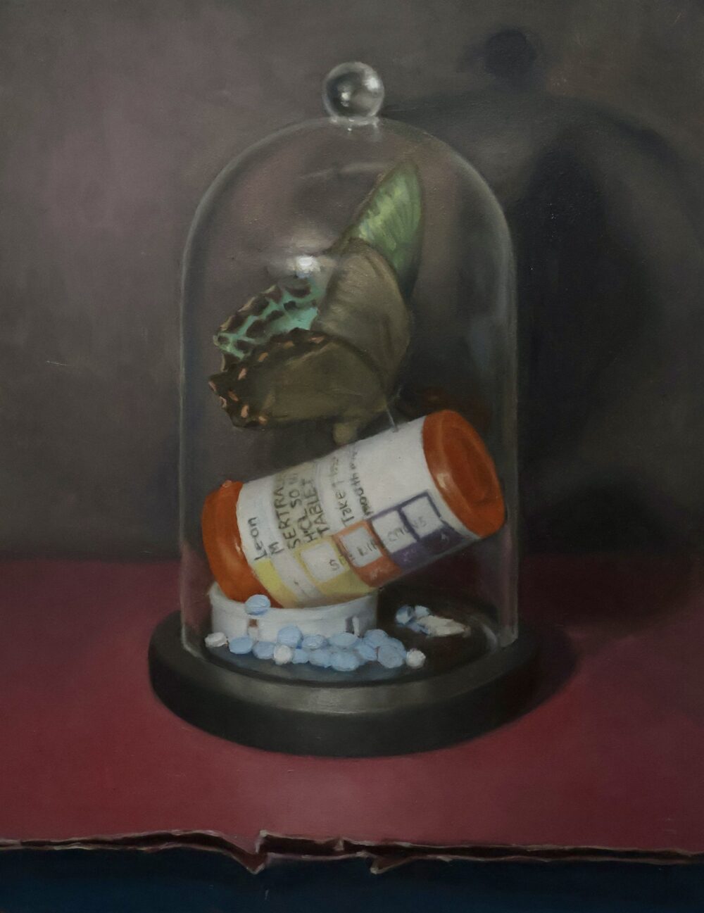 Butterfly and a Pill Bottle Inside a Glass Dome. Oil on linen, 8 × 10 in.