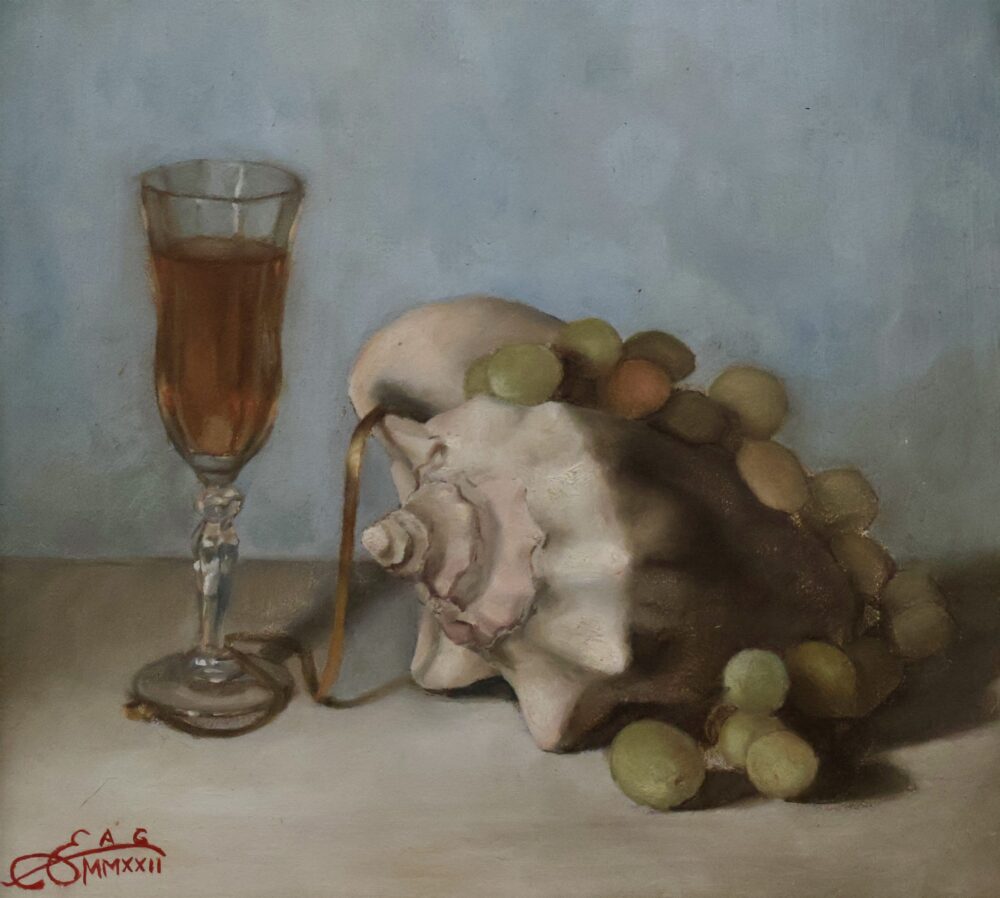 Glass, Seashell and Grapes. Oil on linen, 9 × 10 in.